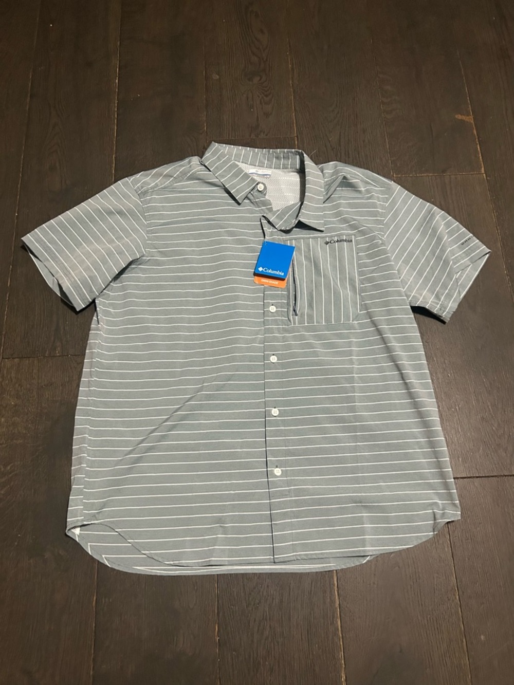 Columbia Men’s Short Sleeve Striped Button-Down Shirt - Gray with White Stripes